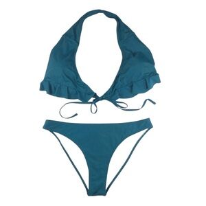 Womens Swimsuit Size XL Cupshe 2 Piece Dark Teal Ruffle Halter Top Bikini Bottom